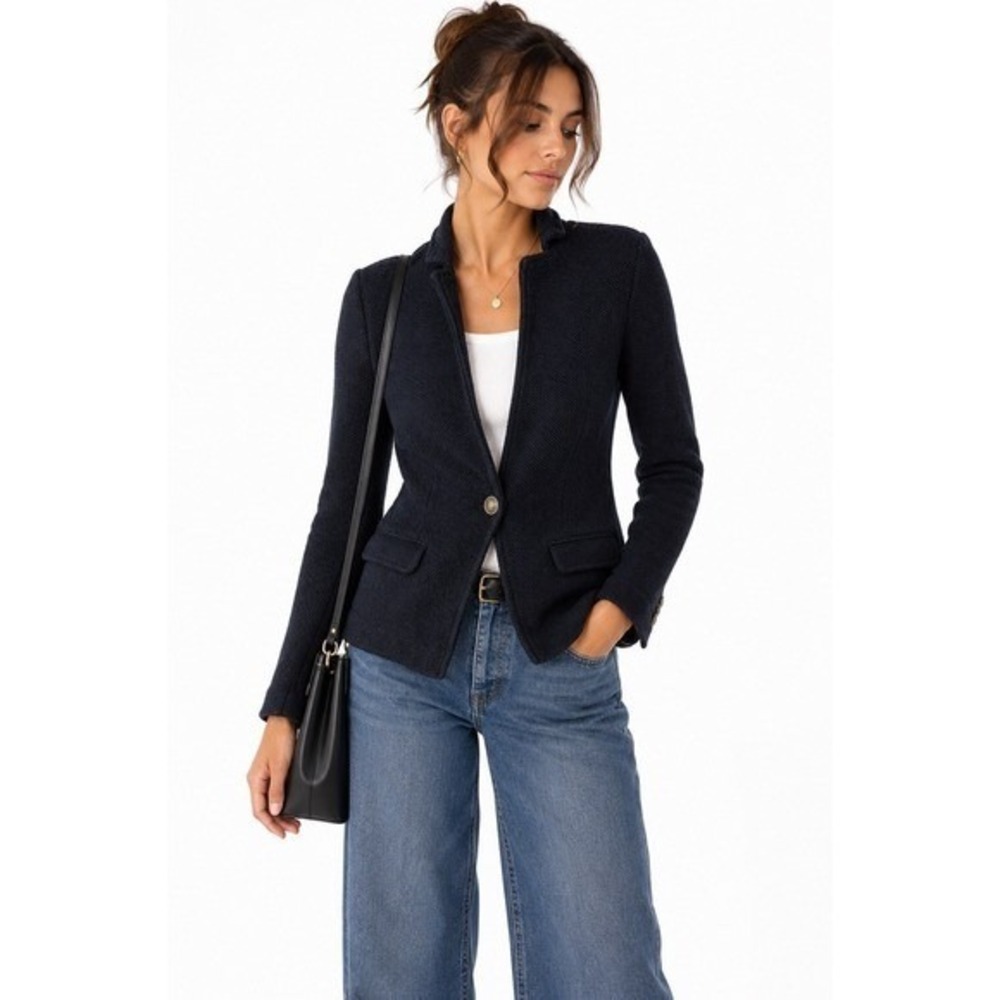 Dark Academia Black Textured Blazer Crest Button Maeve XXS